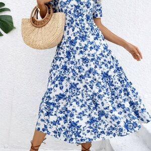 SHEIN Blue and White Floral Midi Dress